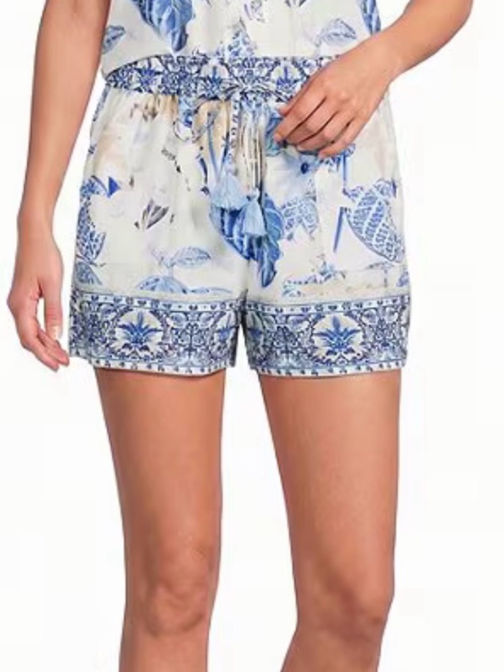 A Loves A Blue Beige Floral Border Print Boho Tassel Shorts M Cruse Vacation